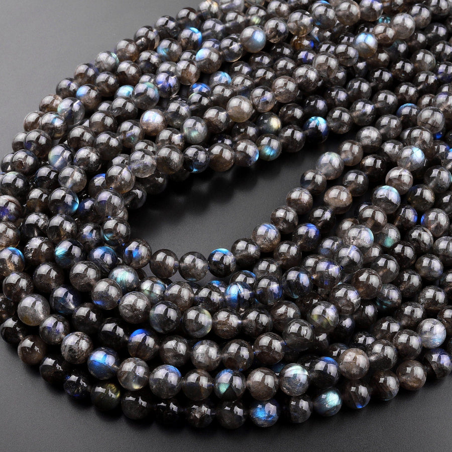 Rare AAA Natural Black Labradorite 6mm 8mm 10mm Round Beads Blue Flashes 15.5" Strand