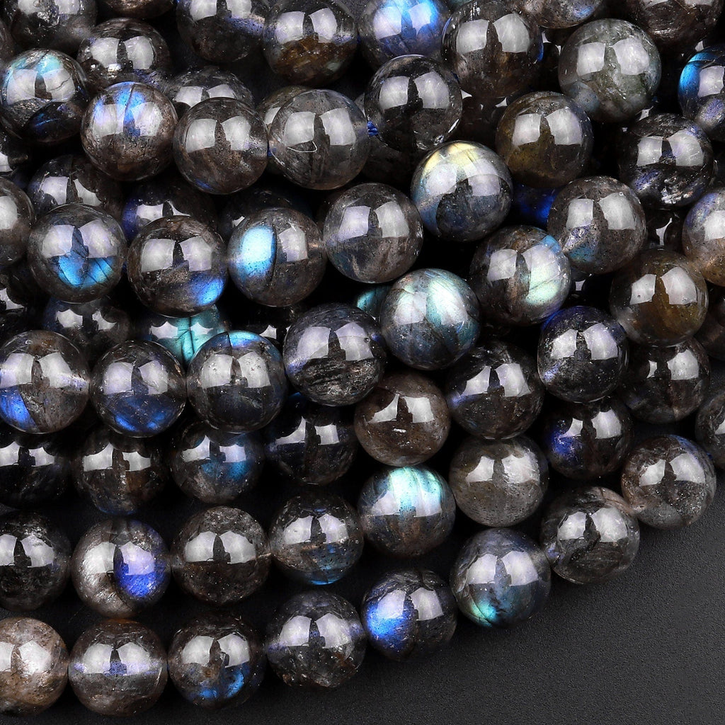 Rare AAA Natural Black Labradorite 6mm 8mm 10mm Round Beads Blue Flashes 15.5" Strand