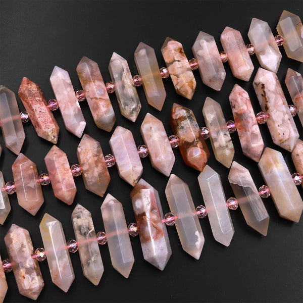 Natural Cherry Blossom Agate Faceted Double Terminated Points Center Drilled Focal Pendant Bead Bullet Bicone 15.5" Strand