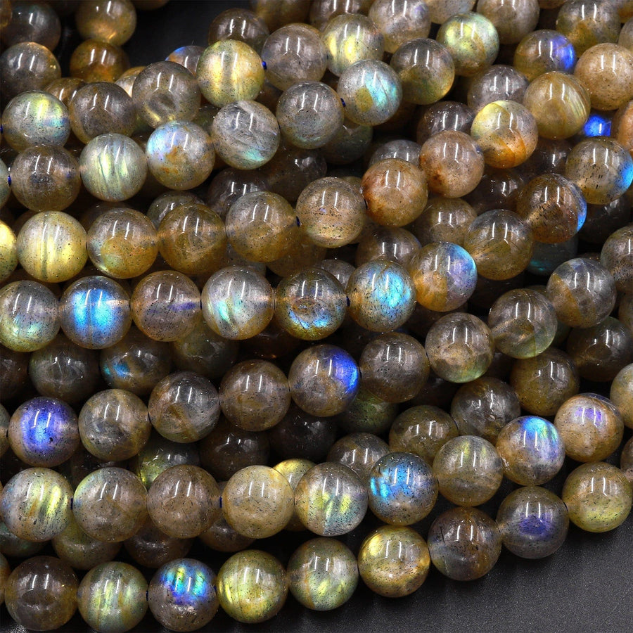 AA Natural Labradorite 4mm 5mm 6mm 8mm 10mm Round Beads Golden Green Flashes 15.5" Strand
