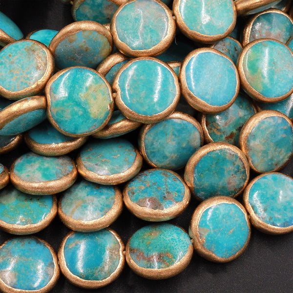 Genuine 100% Natural Blue Green Turquoise Gold Copper Edging Coin Beads Choose from 5pcs, 10pcs 15.5" Strand