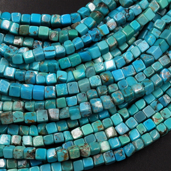 Genuine Real Natural Blue Green Turquoise 3mm Cube Square Beads 15.5" Strand