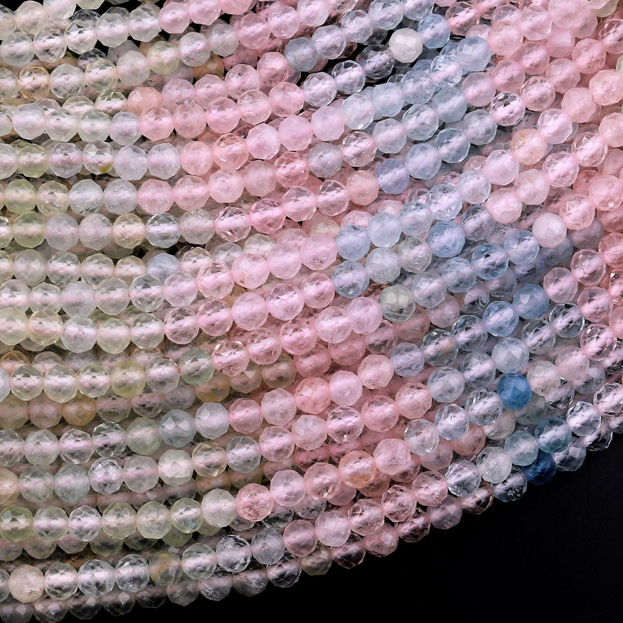 AAA Micro Faceted Pink Morganite Blue Aquamarine 3mm 4mm Round Beads 15.5" Strand