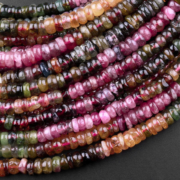 Natural Multicolor Tourmaline Heishi Rondelle Beads 4mm 5mm Pink Green Yellow Brown Gemstone 15.5" Strand