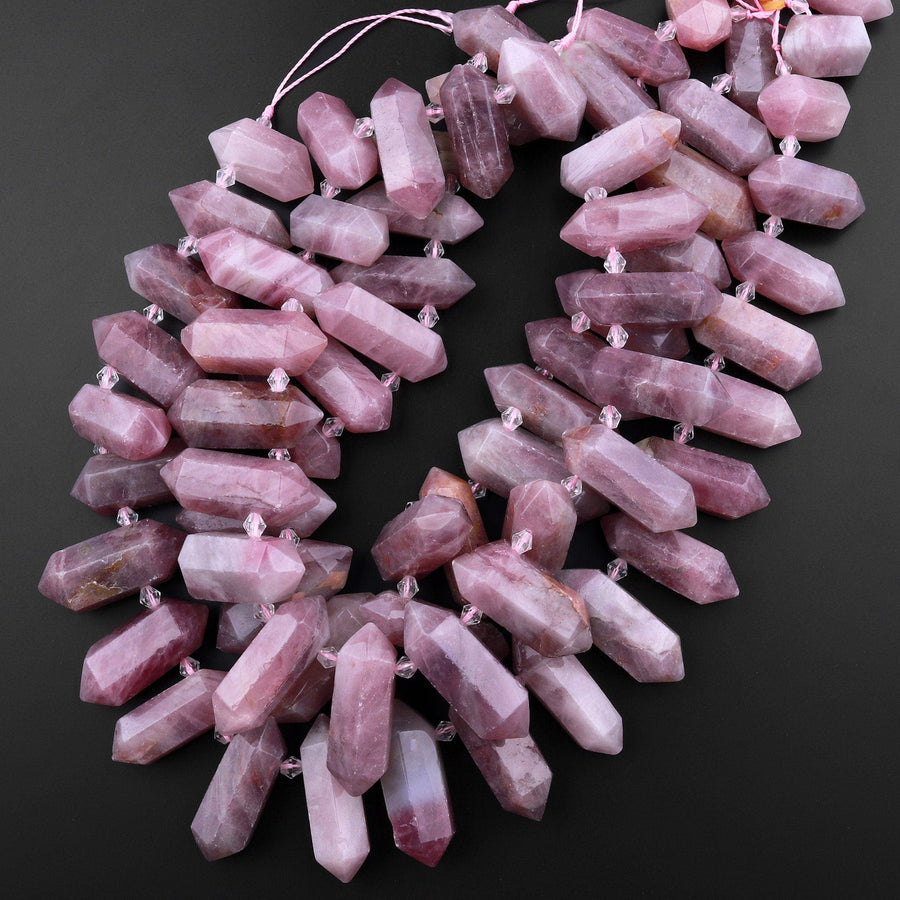 Natural Mauve Pink Rose Quartz Faceted Double Terminated Points Top Drilled Focal Pendant Beads Bullet Bicone 15.5" Strand