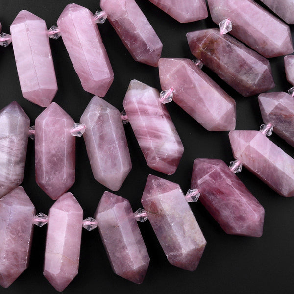 Natural Mauve Pink Rose Quartz Faceted Double Terminated Points Top Drilled Focal Pendant Beads Bullet Bicone 15.5" Strand