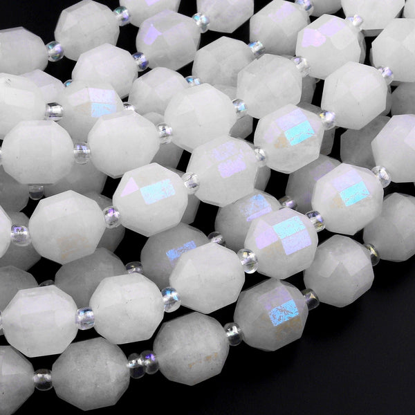 Silverite White Moonstone 10mm Beads Faceted Energy Prism Double Terminated Points 15.5" Strand