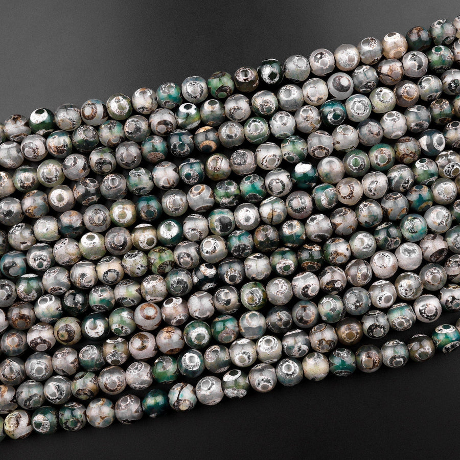 Tibetan Agate 8mm Round Beads Dzi Agate Green Eye Matte Mala Antique Boho Beads 14.5" Strand