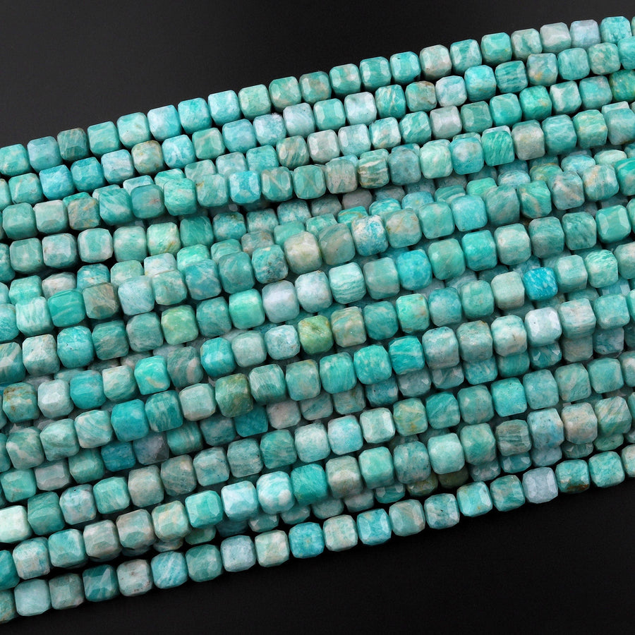 Natural Russian Amazonite Faceted 6mm Cube Dice Square Beads Micro Faceted Laser Diamond Cut 15.5" Strand