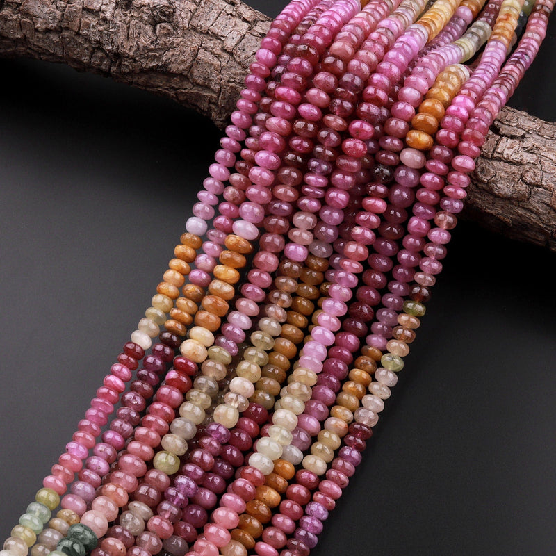 AAA Natural Multicolor Red Pink Yellow Sapphire Smooth Rondelle 6mm 7mm 8mm Gemstone Beads 18" Strand