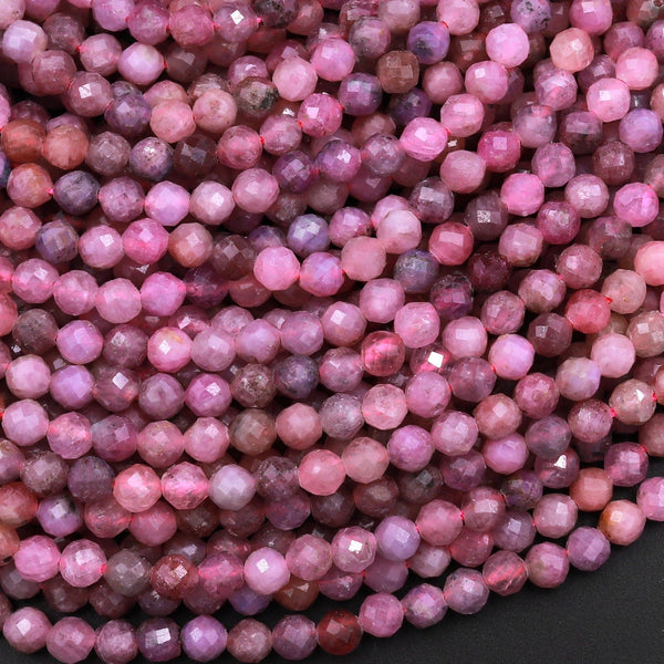 Genuine Natural Pink Ruby Gemstone Faceted 3mm 4mm Round Beads 15.5" Strand