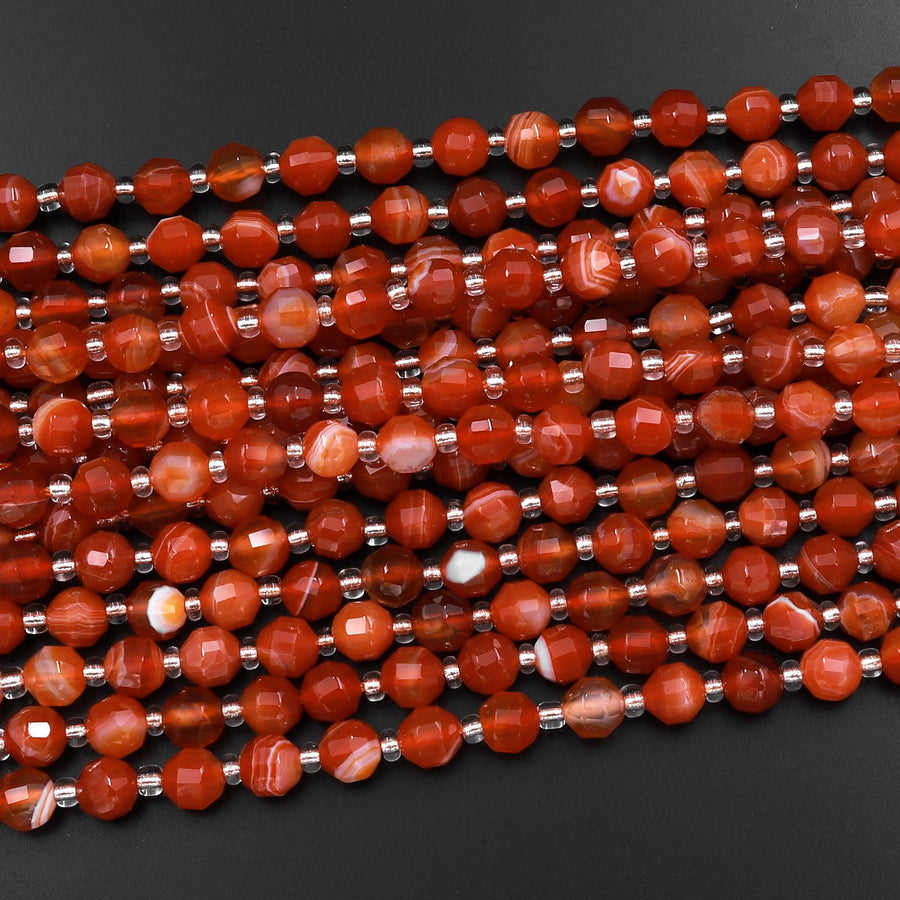 Natural Red Agate 6mm Beads Faceted Energy Prism Double Terminated Points 15.5" Strand