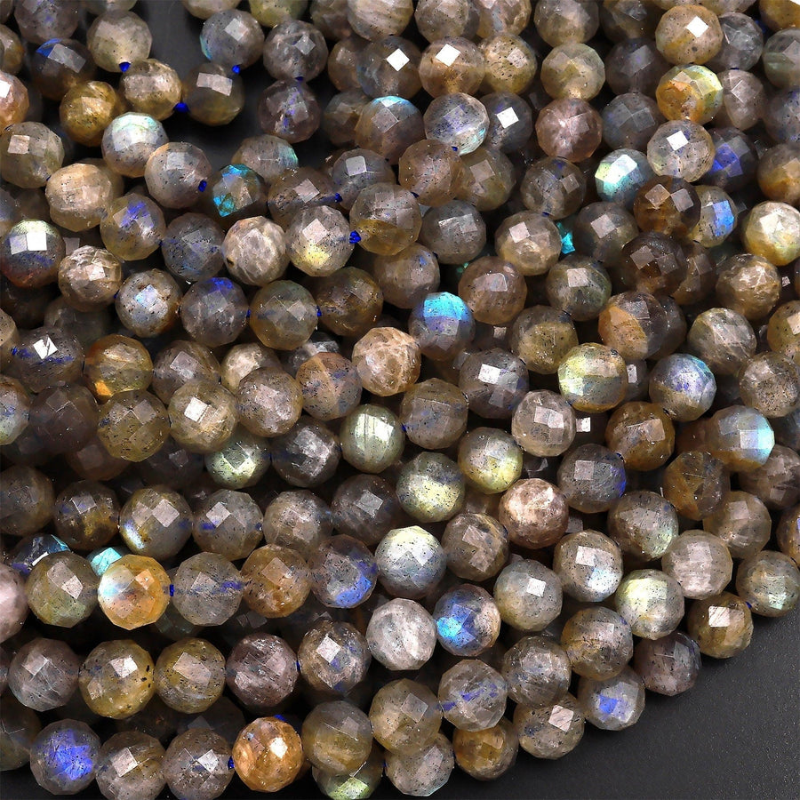 Faceted Natural Golden Labradorite 6mm Round Beads Lots of Fire Flashes 15.5" Strand