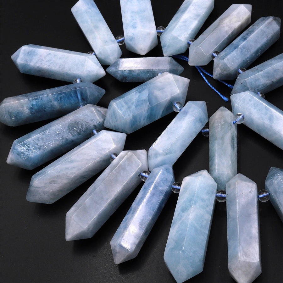 Natural Blue Aquamarine Beads Faceted Double Terminated Pointed Tips Large Side Drilled Focal Pendant 15.5" Strand