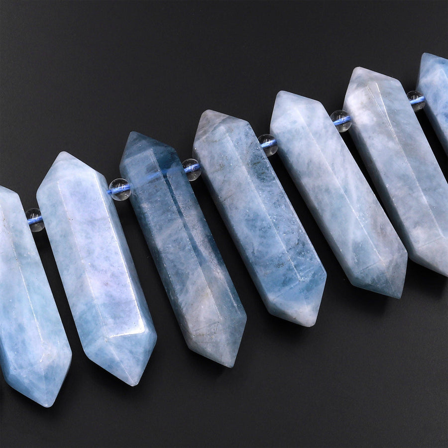 Natural Blue Aquamarine Beads Faceted Double Terminated Pointed Tips Large Side Drilled Focal Pendant 15.5" Strand