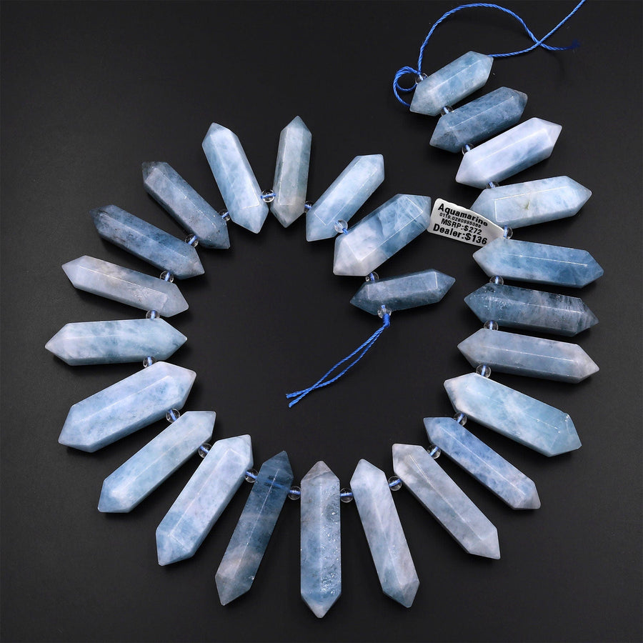 Natural Blue Aquamarine Beads Faceted Double Terminated Pointed Tips Large Side Drilled Focal Pendant 15.5" Strand