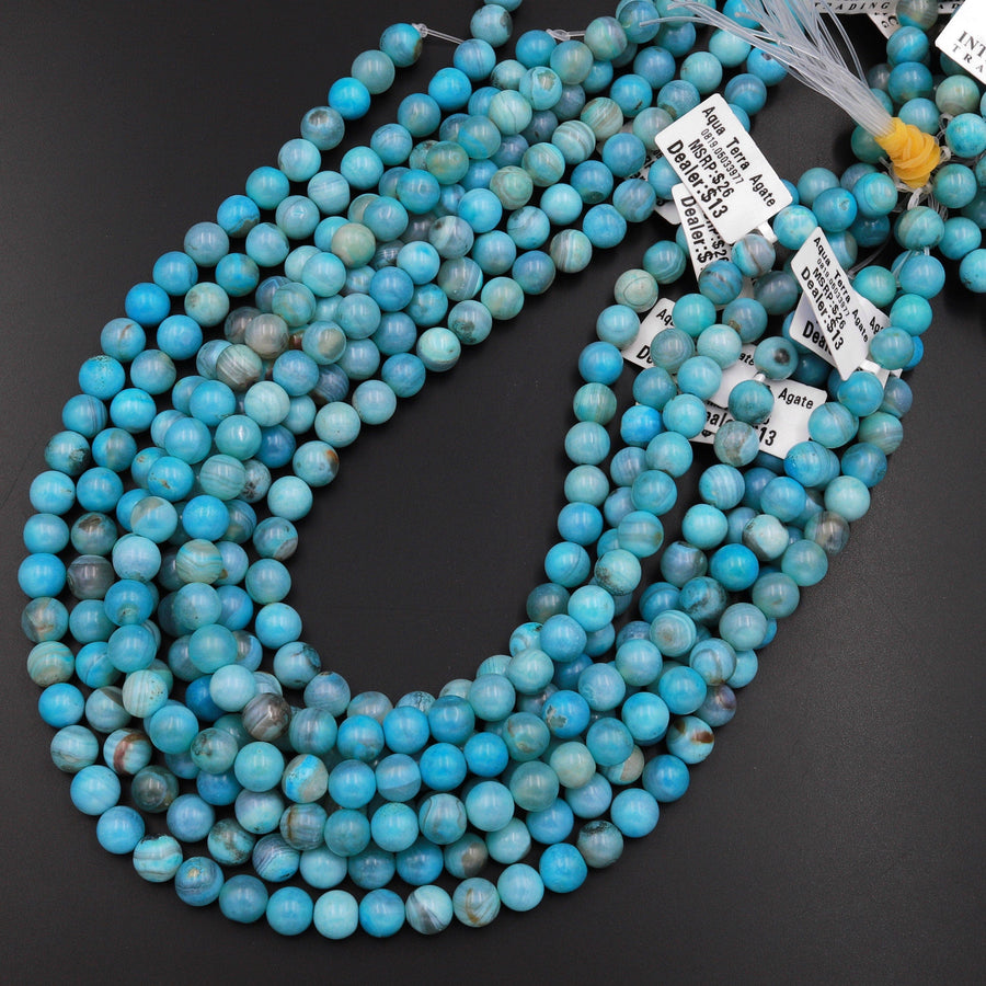 Blue Aqua Terra Agate 6mm 8mm Round Beads Aka Dragon Skin Robin's Egg Agate 15.5" Strand