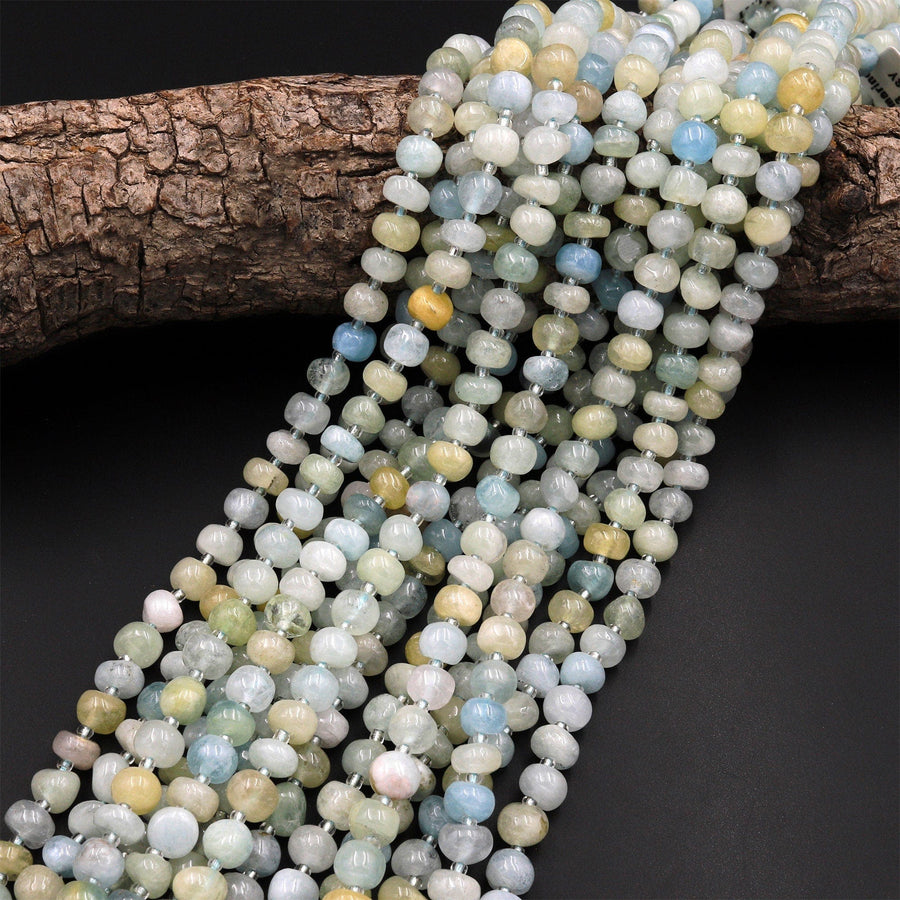 Natural Aquamarine 6mm Freeform Rounded Pebble Nugget Beads Blue Green Canary Yellow Gemstone 15.5" Strand