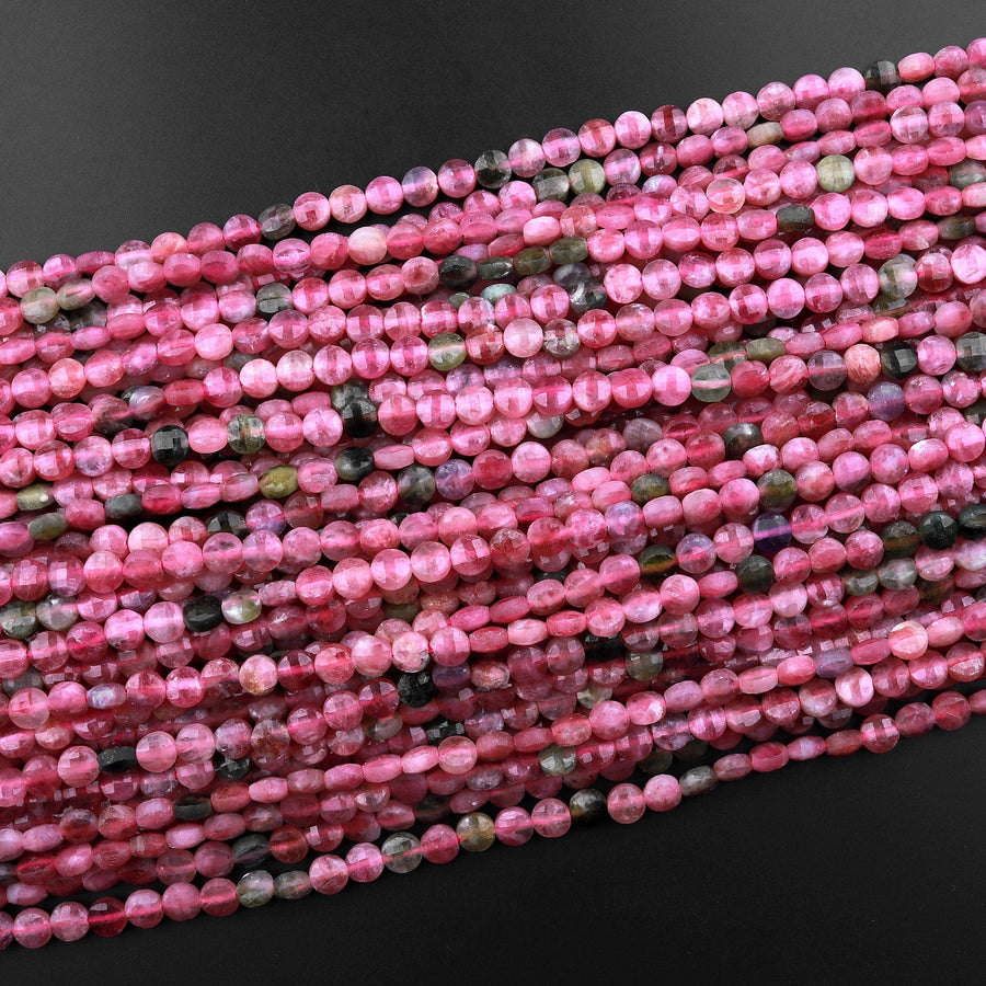 Faceted Pink Green Tourmaline Coin Beads 5mm Flat Disc Dazzling Facets Natural Gemstone 15.5" Strand