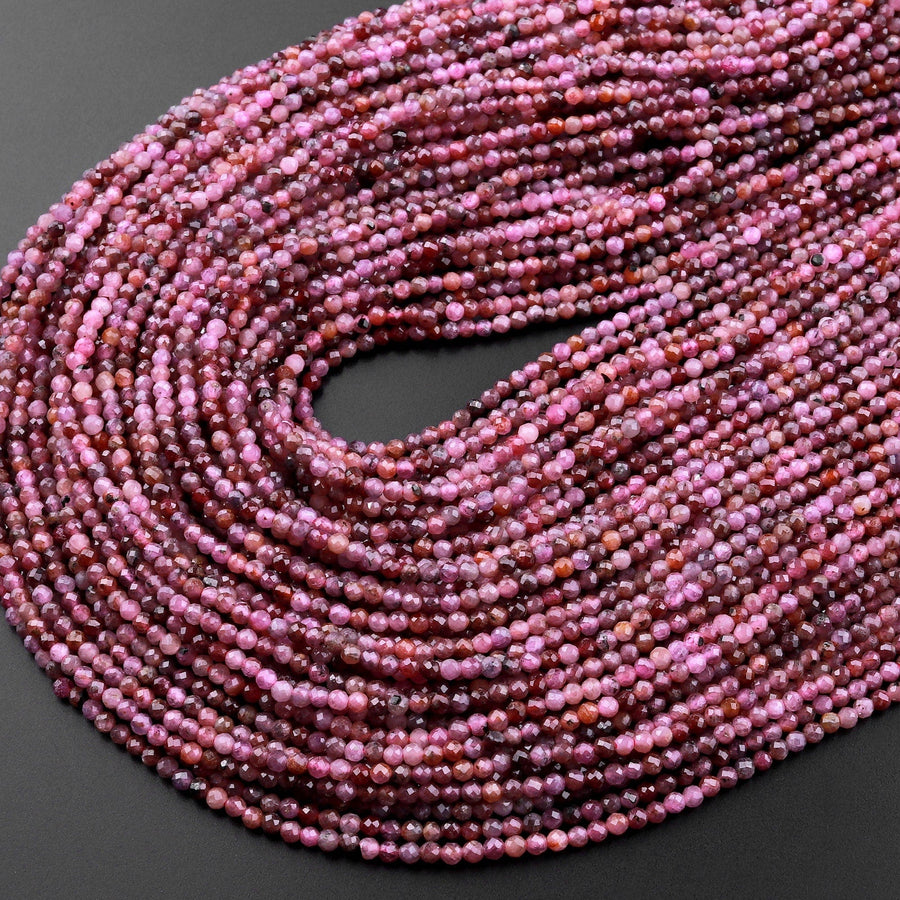 Genuine Natural Deep Fuchsia Red Pink Ruby Gemstone Faceted 2mm Round Beads 15.5" Strand