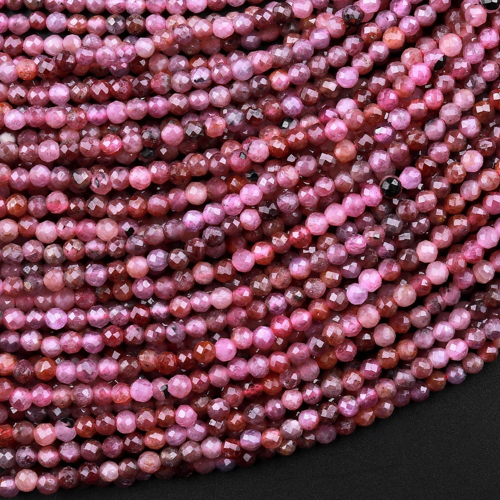 Genuine Natural Deep Fuchsia Red Pink Ruby Gemstone Faceted 2mm Round Beads 15.5" Strand