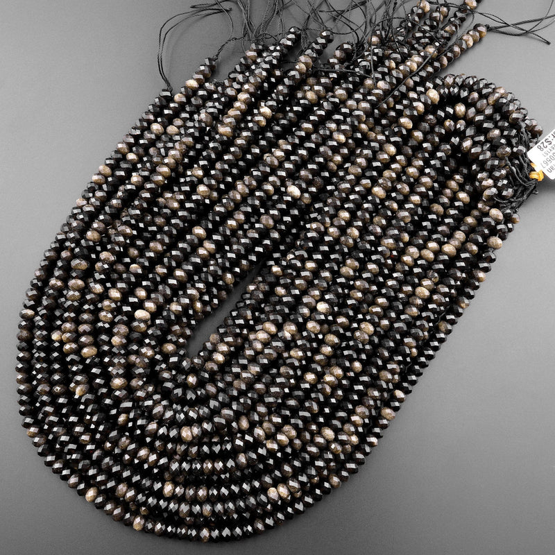 Natural Golden Black Obsidian Faceted Rondelle Beads 6mm AAA High Quality 15.5" Strand