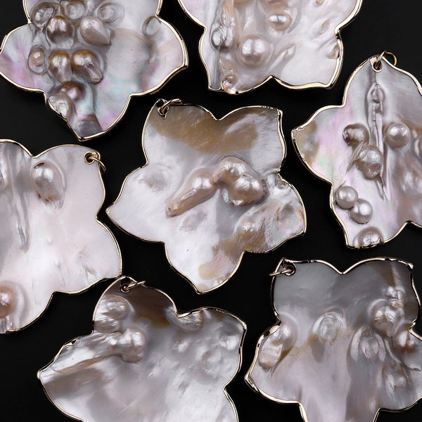 Large Natural Mother of Pearl Flower Pendant Super Iridescent Blister Pearl Gold Trim