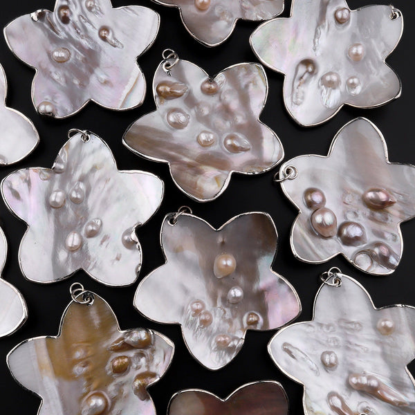 Large Natural Mother of Pearl Flower Pendant Super Iridescent Blister Pearl Silver Trim
