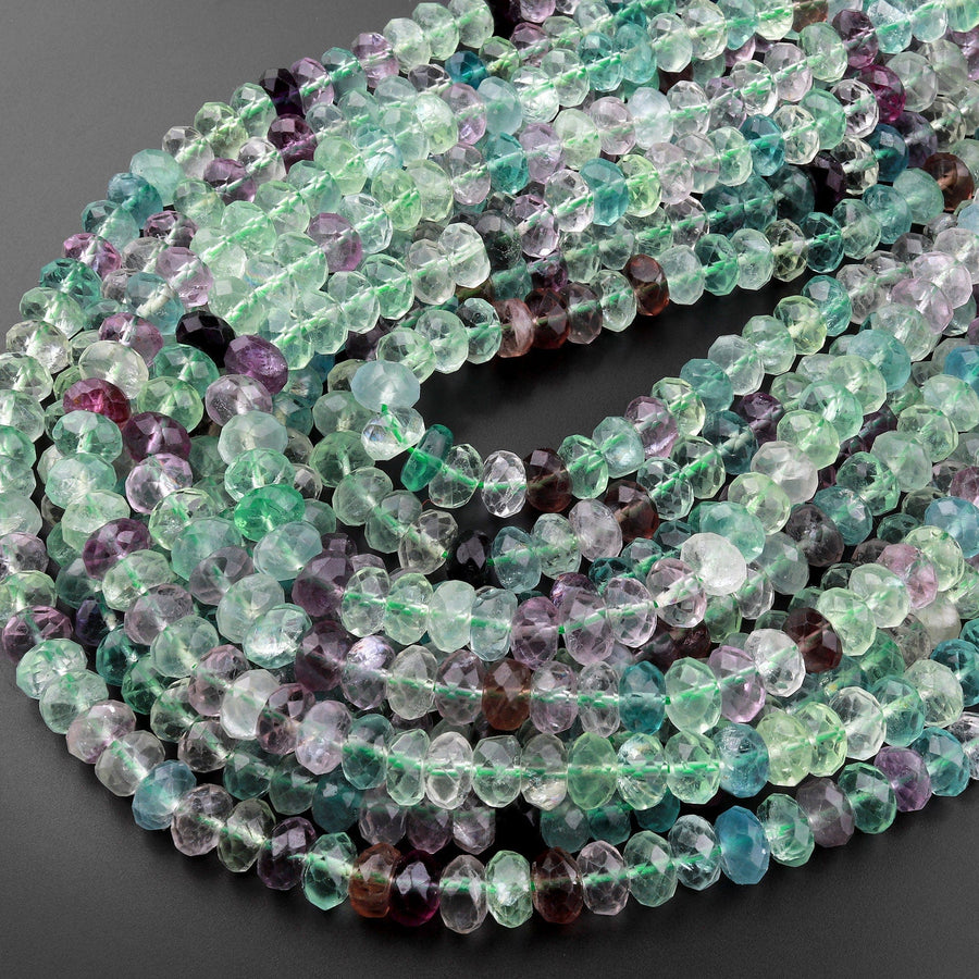 AAA Natural Rainbow Fluorite Faceted Rondelle 4mm 6mm 8mm Beads Stunning Intense Purple Blue Green Gemstone 15.5" Strand