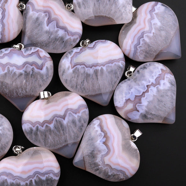 AAA Natural Phantom Agate Druzy Pendant Heart Shape Soft Peach Lavender Purple Gemstone