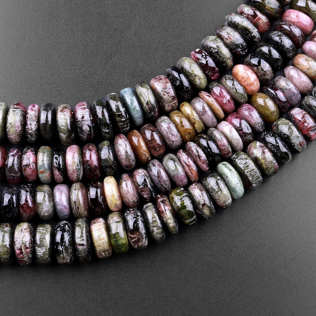 Natural Cat's Eye Tourmaline 6mm 8mm Rondelle Beads 15.5" Strand