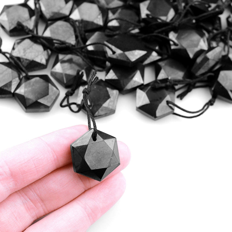 Hand Cut Genuine Natural Shungite Faceted Hexagon Star Pendant High Quality Black Lustrous Gemstone from Russia
