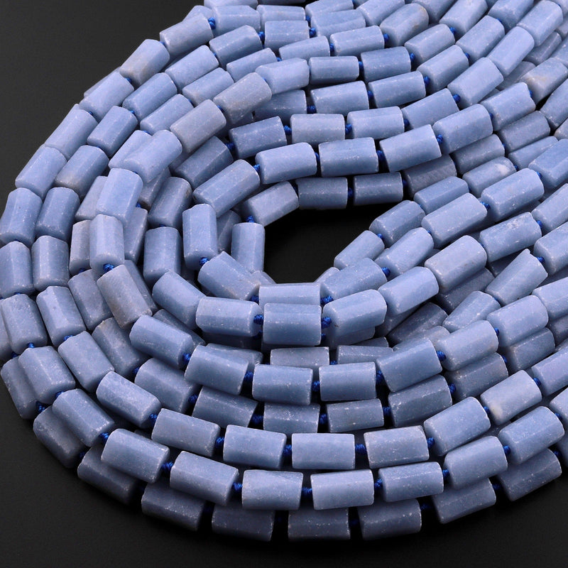 Natural Blue Angelite Faceted Tube Rectangle Cylinder Beads 15.5" Strand