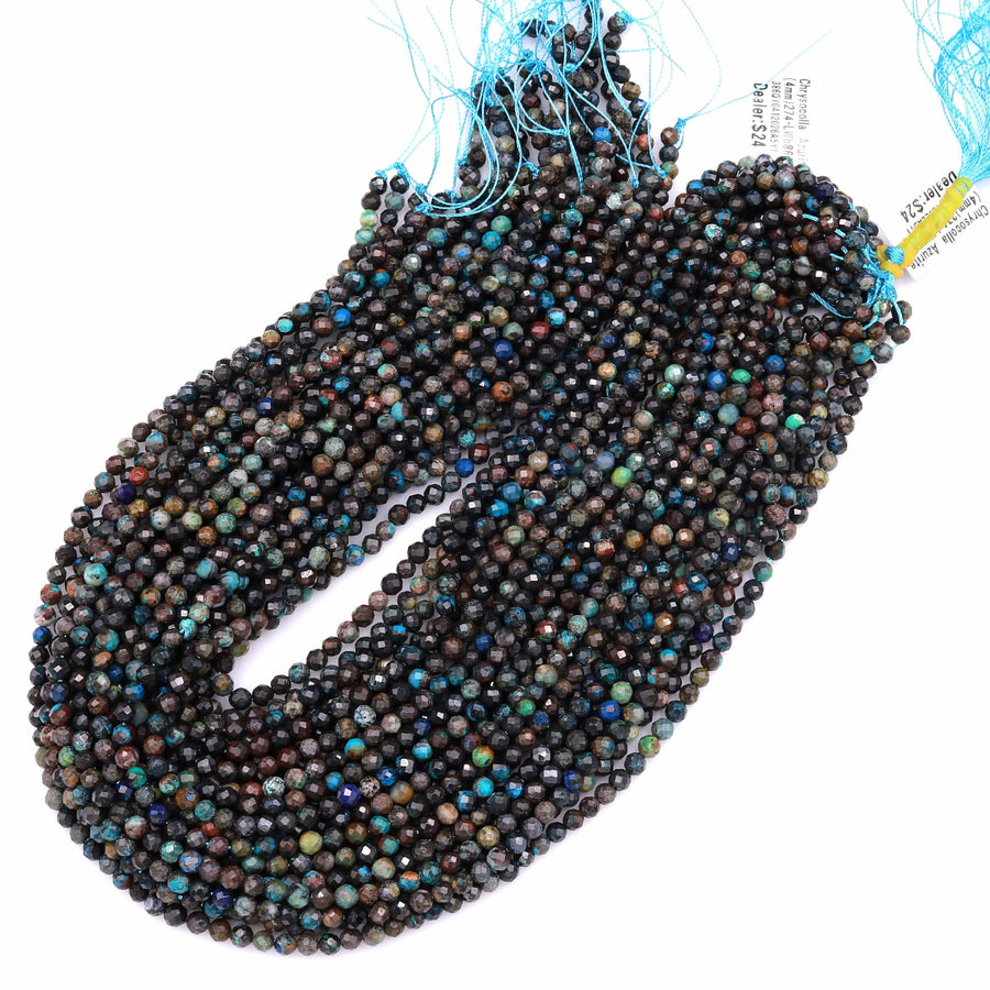 Natural Dark Chrysocolla Azurite 4mm Faceted Round Beads Laser Diamond Cut Gemstone 15.5" Strand