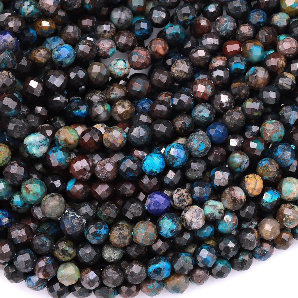 Natural Dark Chrysocolla Azurite 4mm Faceted Round Beads Laser Diamond Cut Gemstone 15.5" Strand