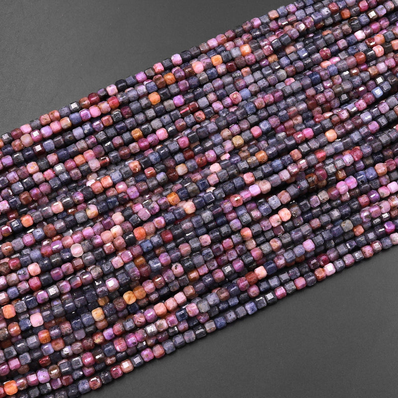 Real Genuine Natural Red Ruby Blue Sapphire Faceted 3mm Cube Dice Square Gemstone Beads 15.5" Strand