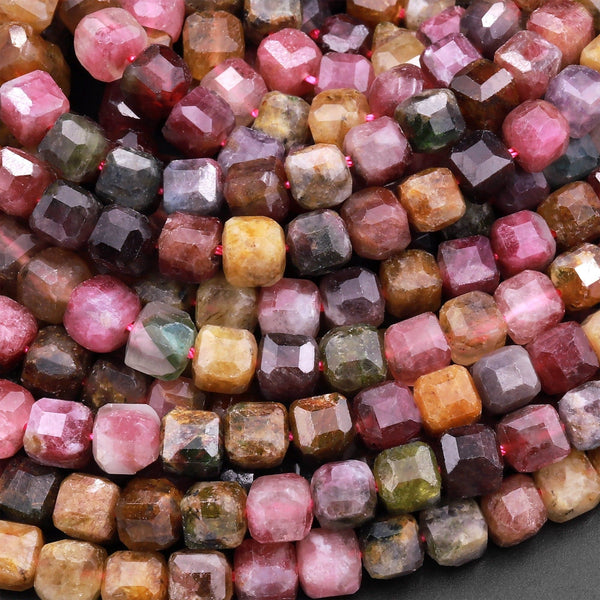 Natural Tourmaline Faceted 4mm 6mm Cube Square Dice Beads Cognac Brown Pink Green Gemstone 15.5" Strand