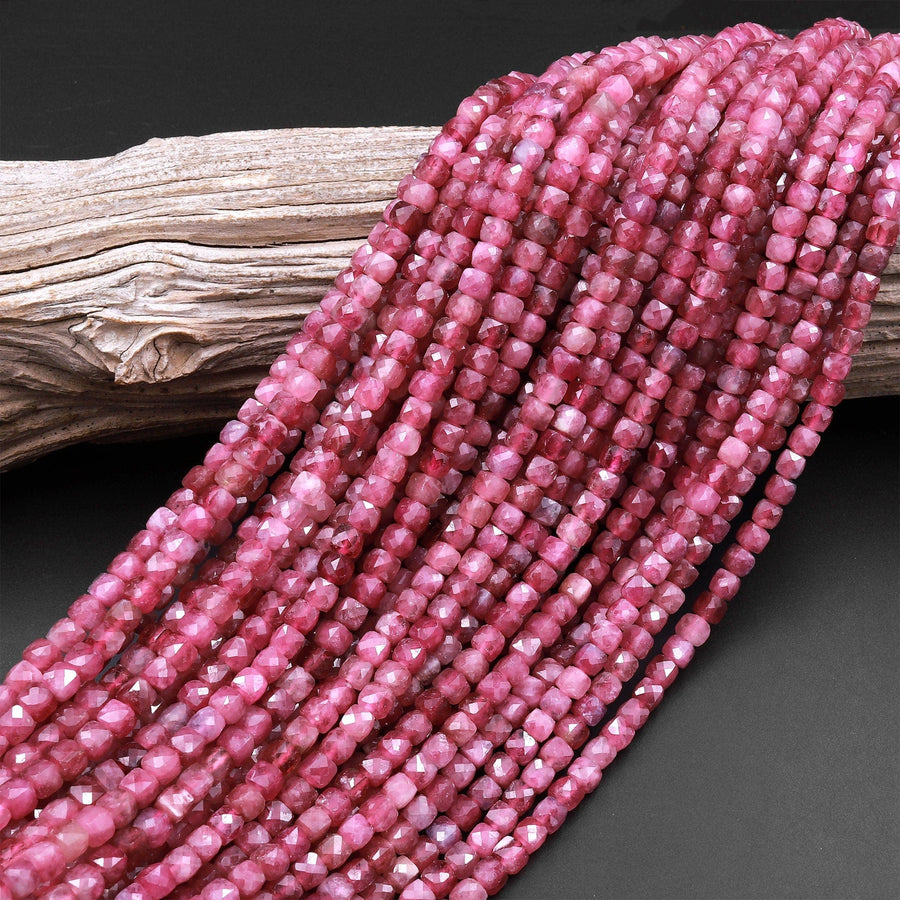 AAA Natural Pink Tourmaline Faceted 4mm 5mm Cube Square Dice Beads Gemstone 15.5" Strand