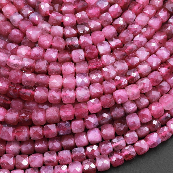 AAA Natural Pink Tourmaline Faceted 4mm 5mm Cube Square Dice Beads Gemstone 15.5" Strand