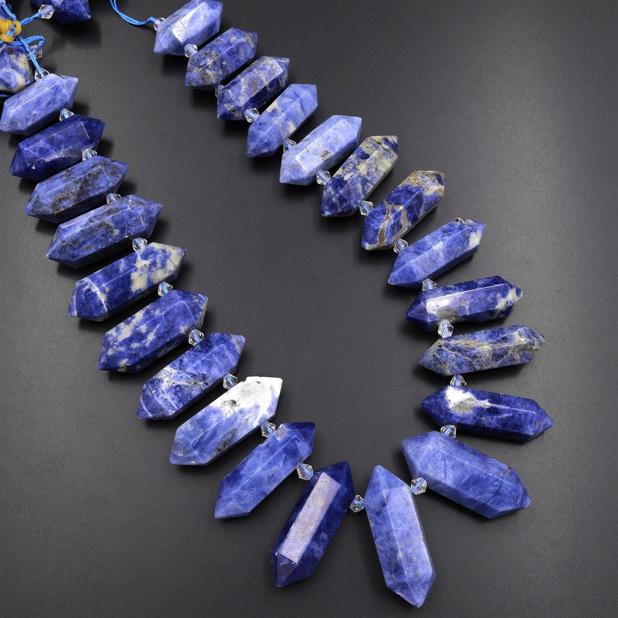 Natural Blue Denim Sodalite Faceted Double Terminated Points Top Side Drilled Focal Pendant Beads 15.5" Strand