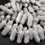 Natural White Moonstone Faceted Double Terminated Point Bullet Bicone Top Side Drilled Focal Pendant Beads 15.5" Strand