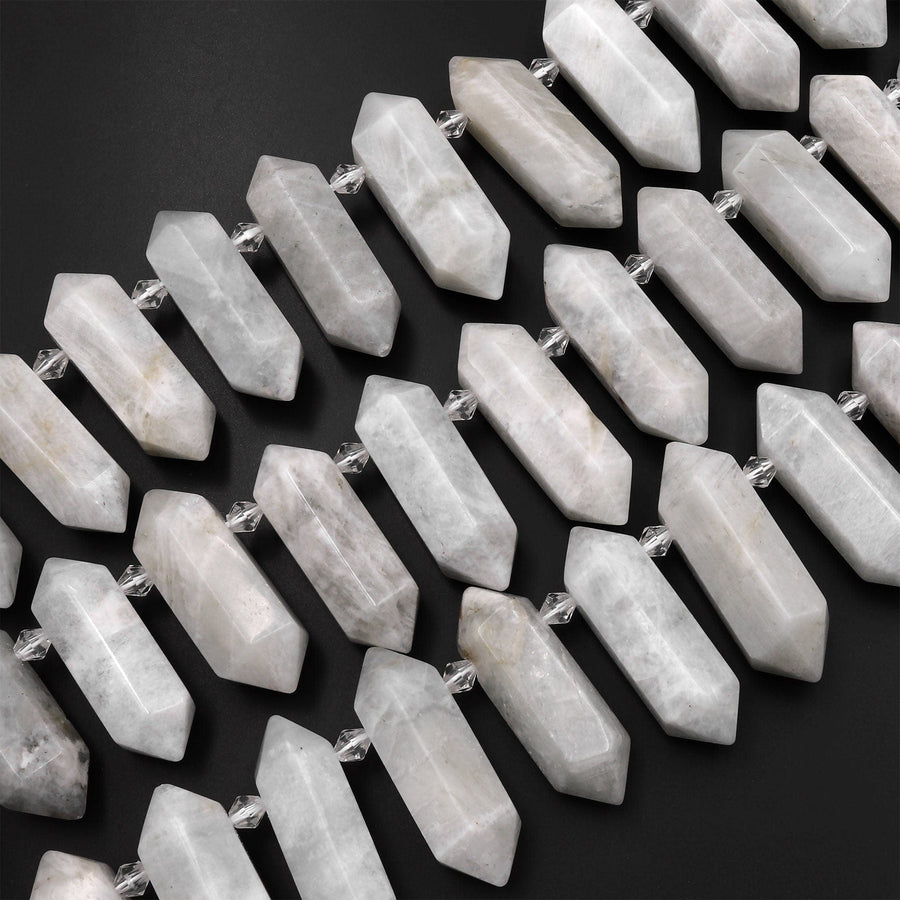 Natural White Moonstone Faceted Double Terminated Point Bullet Bicone Top Side Drilled Focal Pendant Beads 15.5" Strand