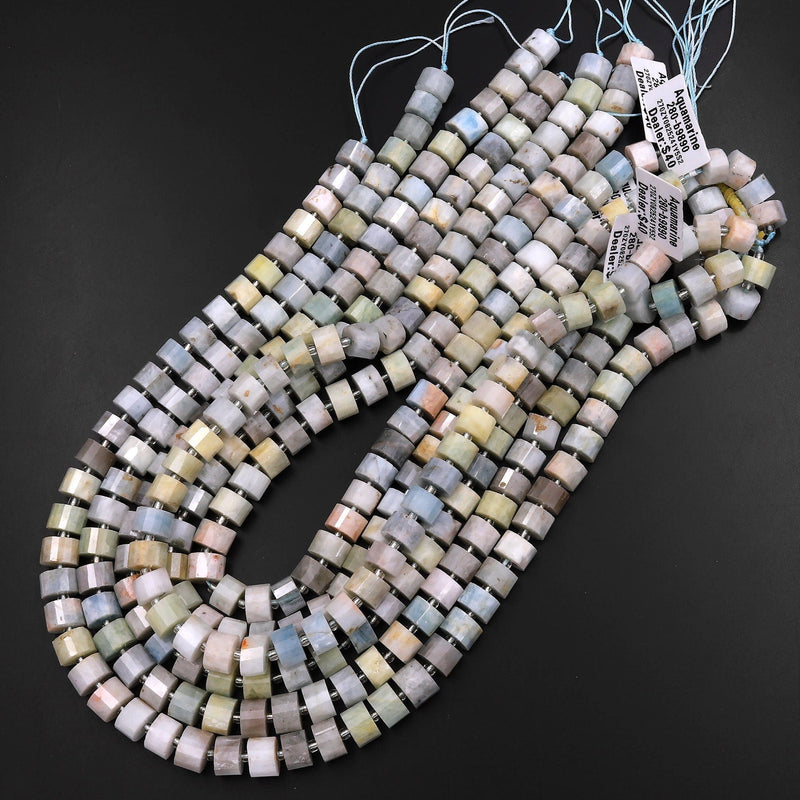 Natural Multicolor Green Blue Aquamarine Faceted Rondelle Beads Short Cylinder Wheel Diamond Cut 15.5" Strand