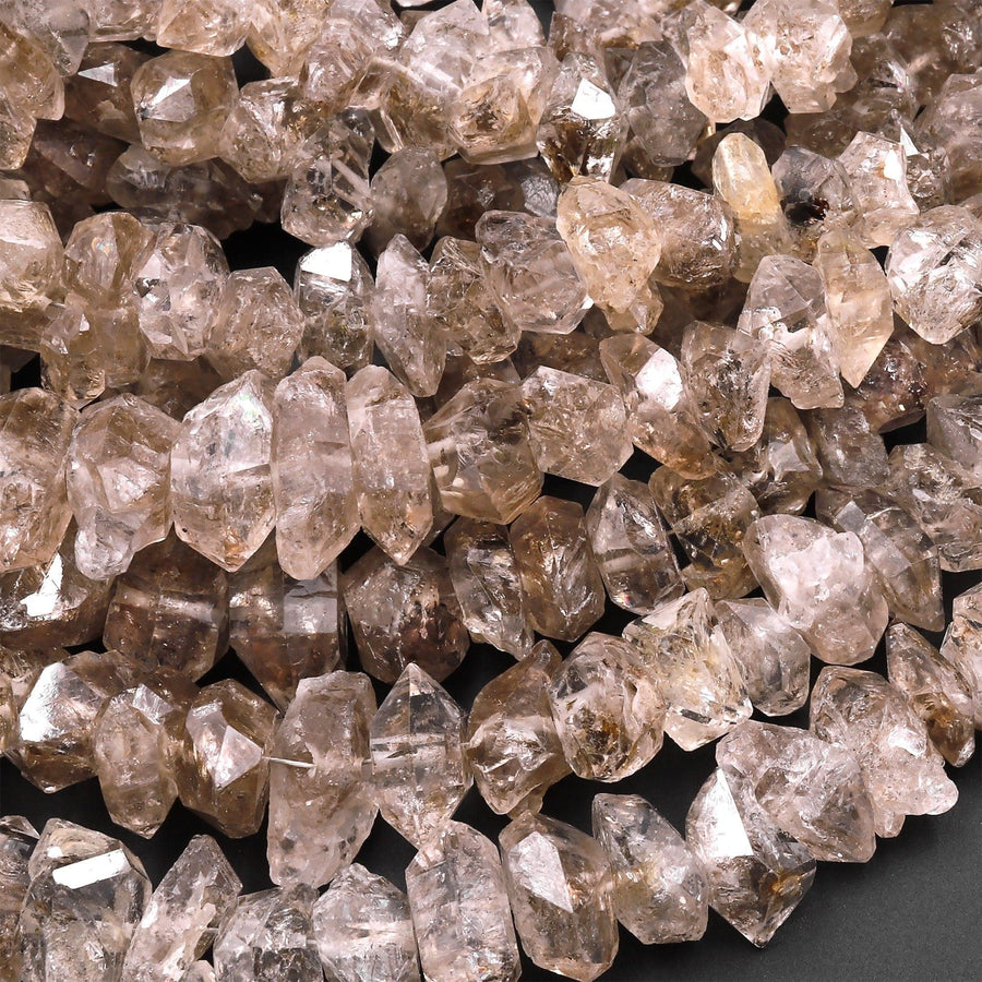 Large Graduated Natural Smoky Champaign Herkimer Diamond Quartz Beads Double Pointed Quartz With Anthraxolite Inclusion 16" Strand