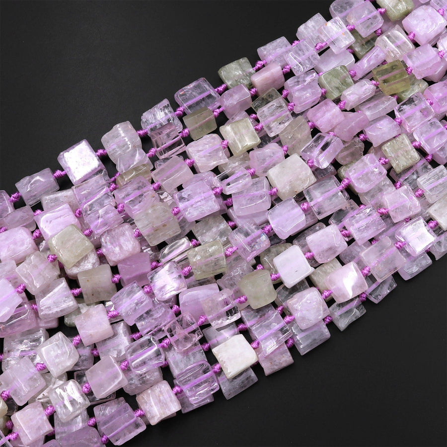 AA Natural Lilac Pink Green Kunzite Square Cushion Beads Hand Cut Flat Slice Gemstone 15.5" Strand