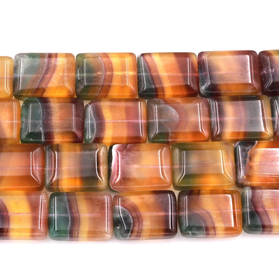 Natural Rainbow Fluorite Rectangle Beads Golden Cognac Brown Mauve Green Gemstone 15.5" Strand