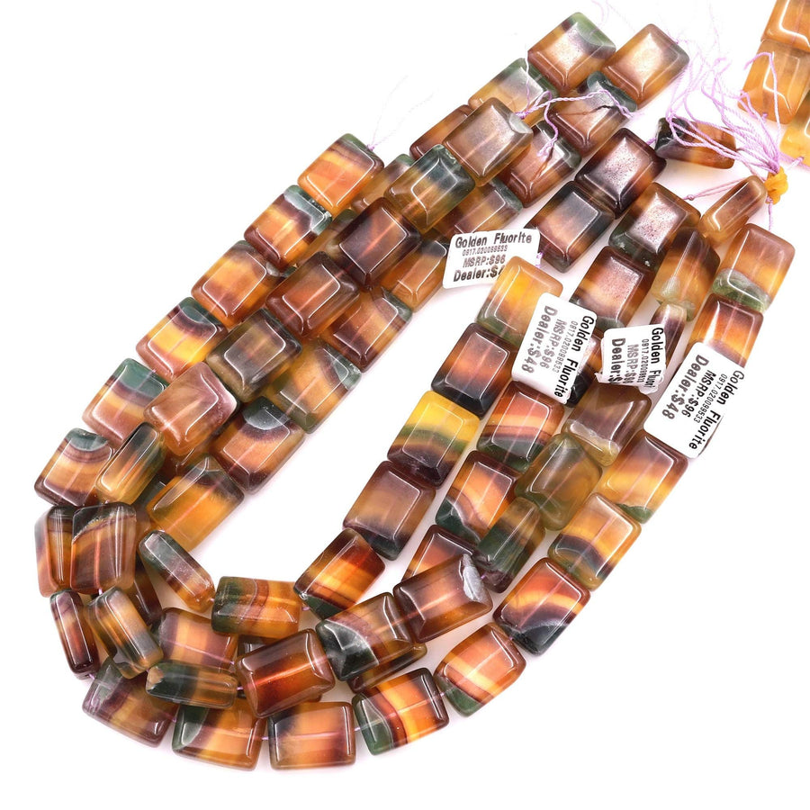 Natural Rainbow Fluorite Rectangle Beads Golden Cognac Brown Mauve Green Gemstone 15.5" Strand