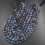 Mystic Silverite Larvikite 10mm Beads Faceted Energy Prism Double Terminated Points 15.5" Strand