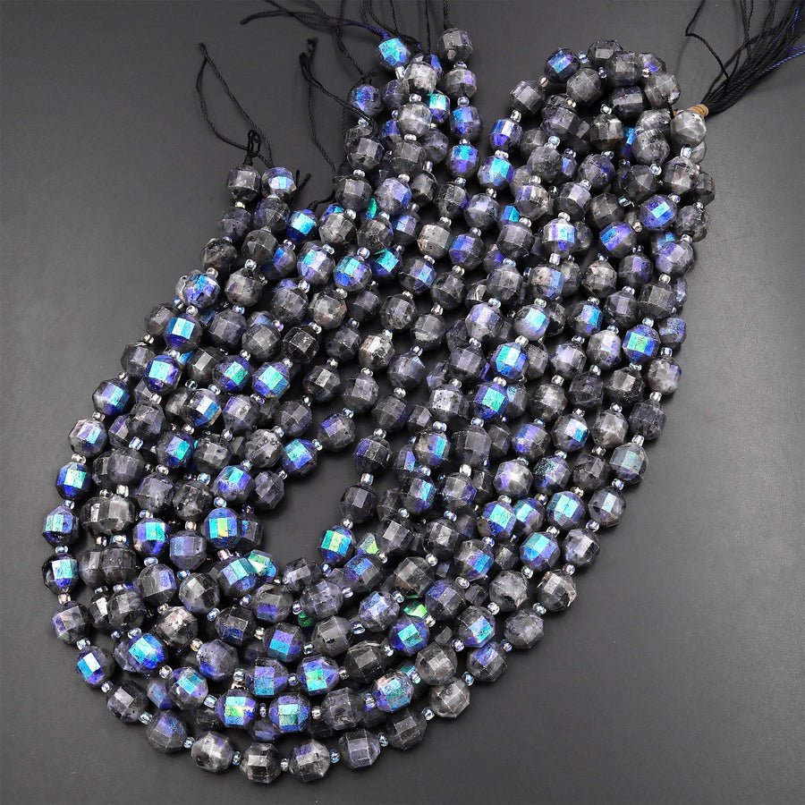 Mystic Silverite Larvikite 10mm Beads Faceted Energy Prism Double Terminated Points 15.5" Strand