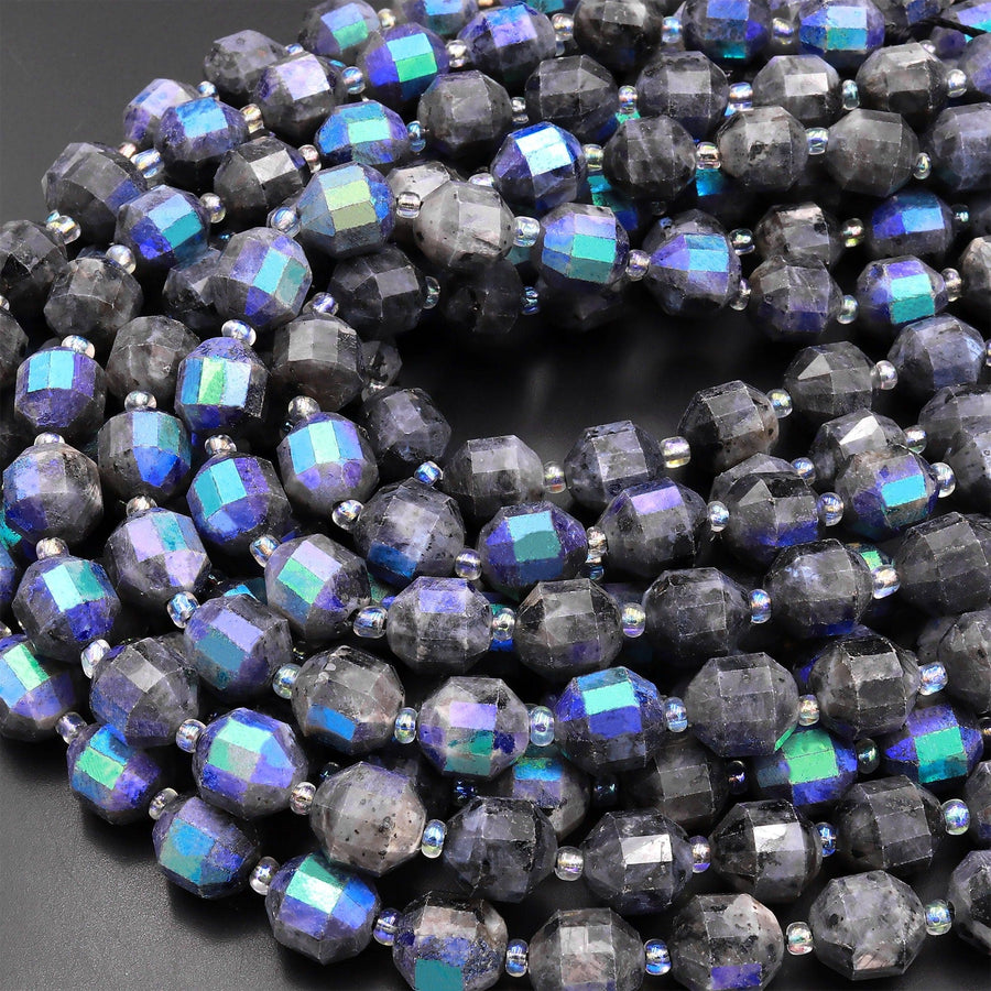 Mystic Silverite Larvikite 10mm Beads Faceted Energy Prism Double Terminated Points 15.5" Strand